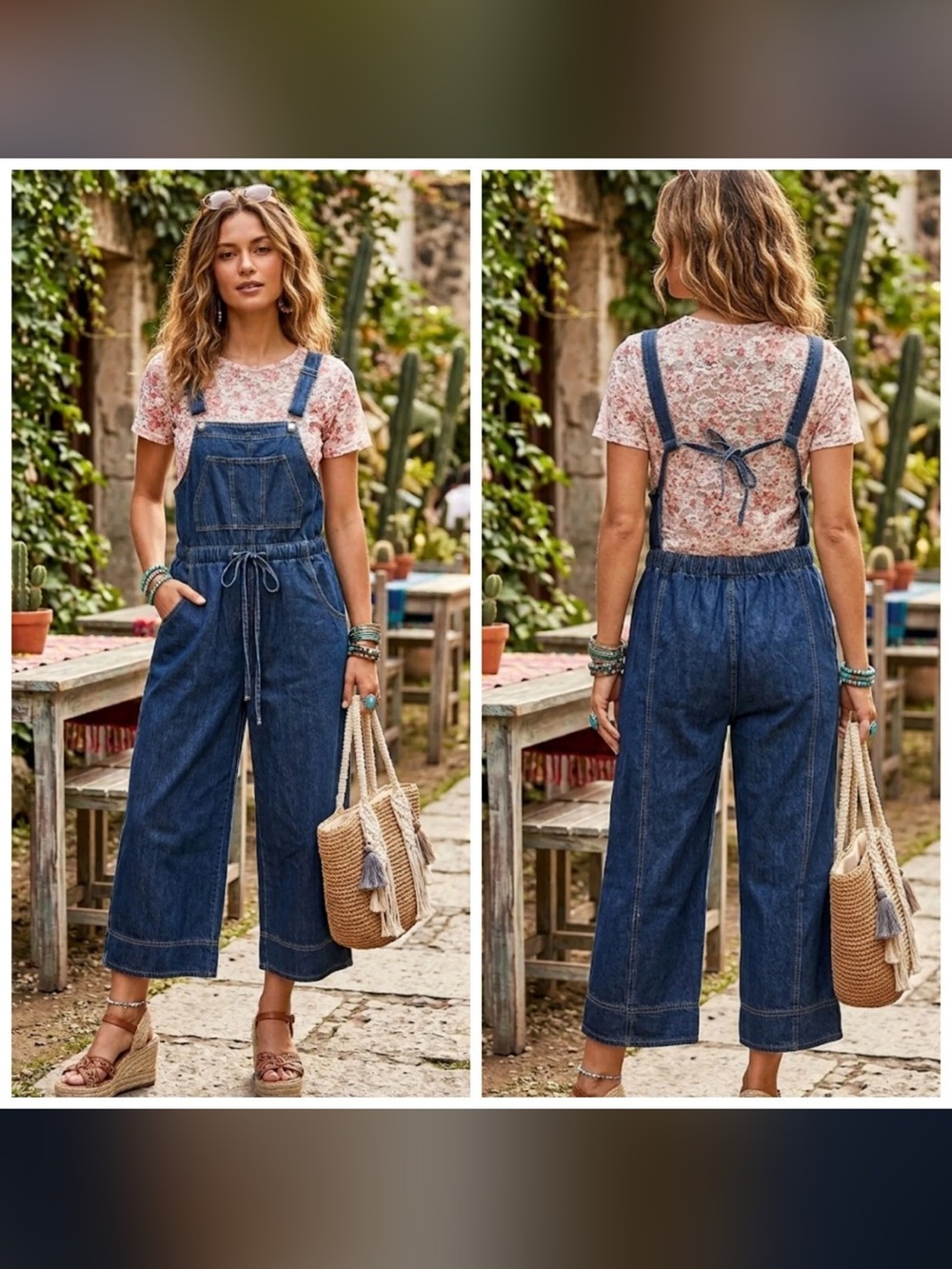 NWT Easel Boutique  Denim Wide-Leg Cropped Overalls  w Tie Waist Sz L
